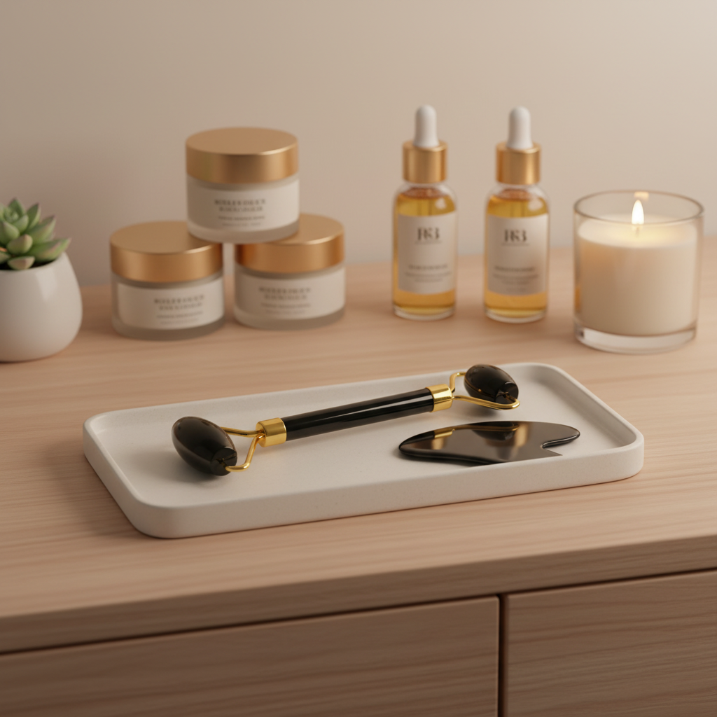 Products on vanity tray
