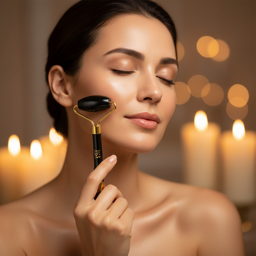 Woman applying black jade roller